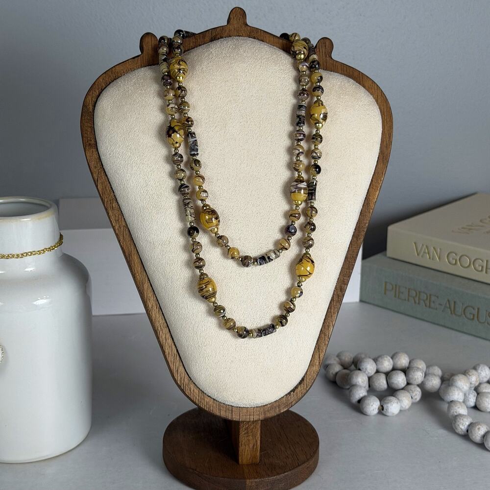 Boho Style VTG 1980s Marbled Earth-Tones Acrylic Bead w/ Gold-Tone Spacers 40"